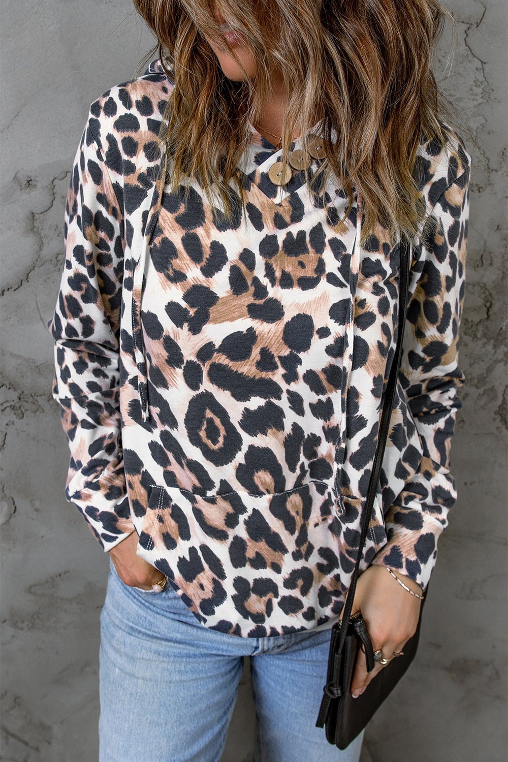 Animal Print Buttoned Drawstring Hoodie - Sweatshirts & Hoodies - FITGGINS
