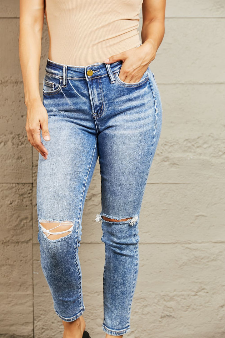 BAYEAS Mid Rise Distressed Skinny Jeans - Jeans - FITGGINS