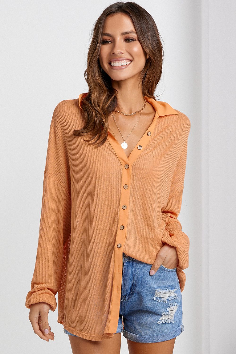 Button Front Dropped Shoulder Knit Shirt - Shirts - FITGGINS
