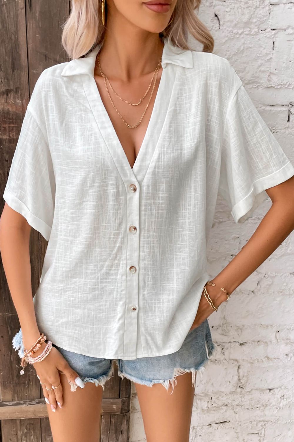 Button Front Johnny Collared Blouse - Shirts - FITGGINS