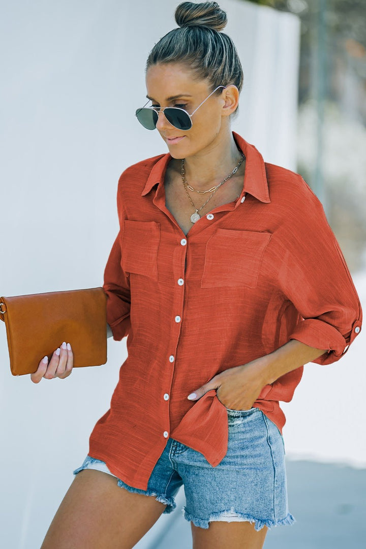 Button-Up Shirt with Breast Pockets - Shirts - FITGGINS