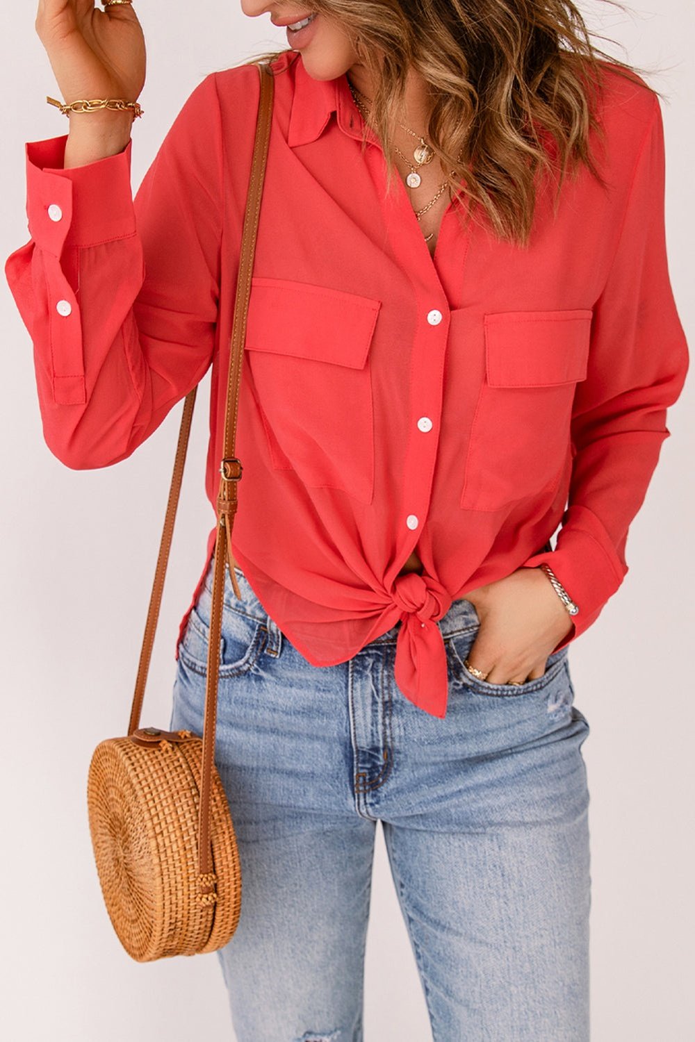 Button-Up Shirt with Pockets - Shirts - FITGGINS