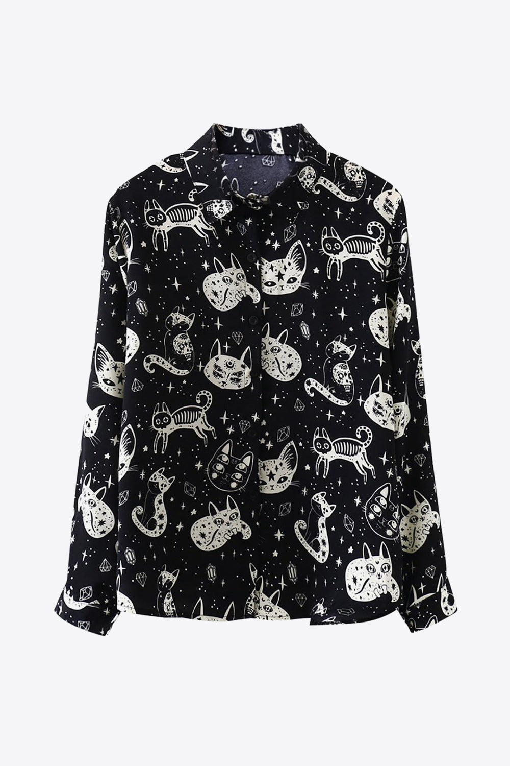 Cat Print Button-Up Shirt - Shirts - FITGGINS