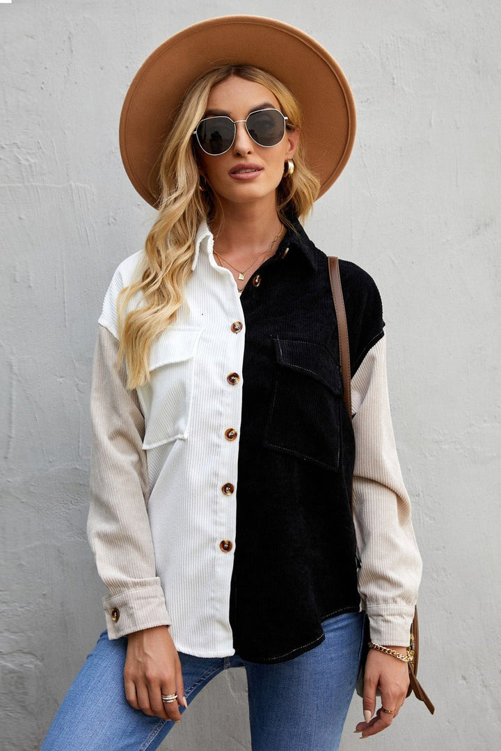 Color Block Button Front Shirt with Pockets - Shirts - FITGGINS