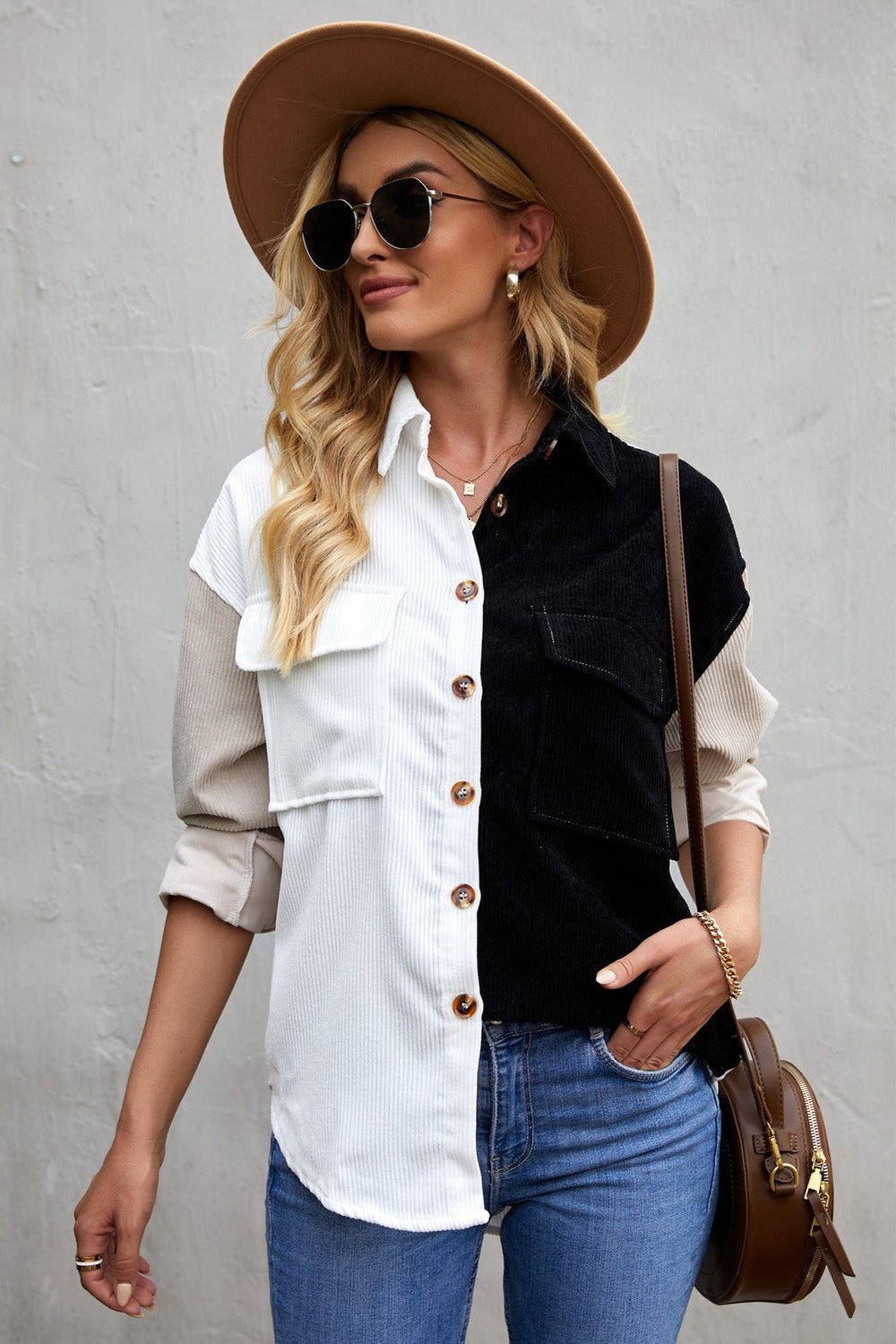 Color Block Button Front Shirt with Pockets - Shirts - FITGGINS