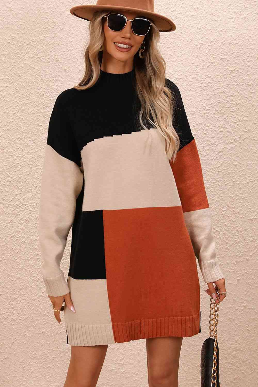 Color Block Mock Neck Dropped Shoulder Sweater Dress - Sweater Dresses - FITGGINS