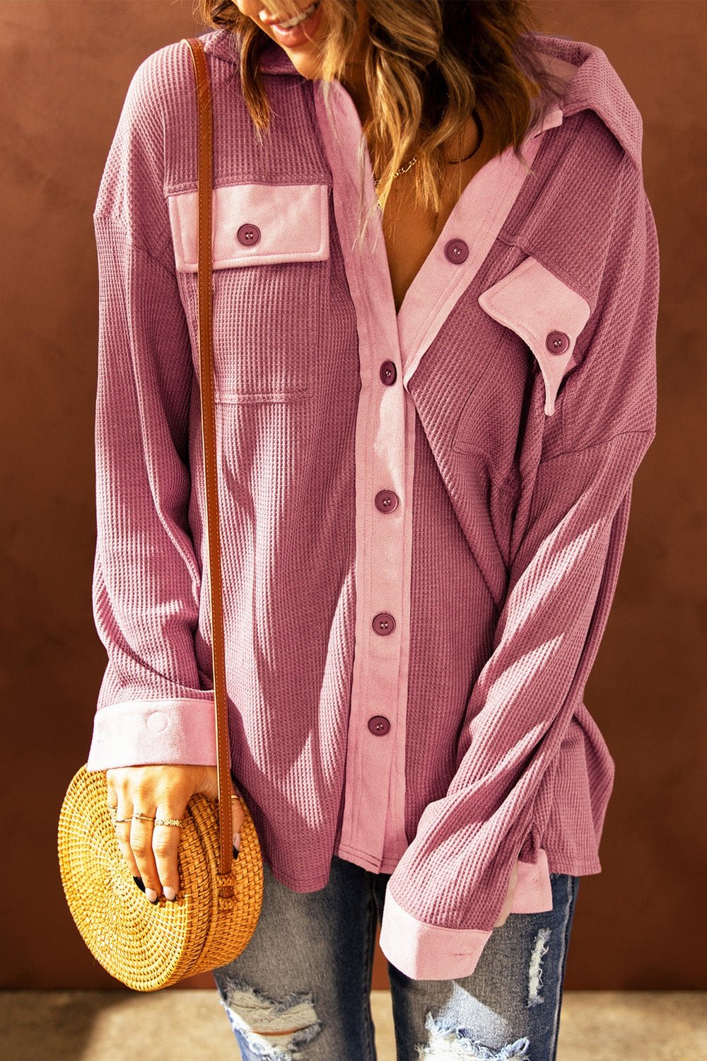 Contrast Waffle-Knit Shirt Jacket - Shirts - FITGGINS