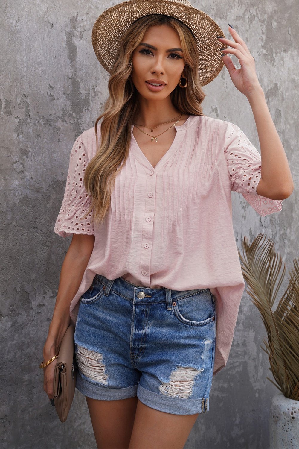 Eyelet Short Sleeve Pleated Blouse - Shirts - FITGGINS