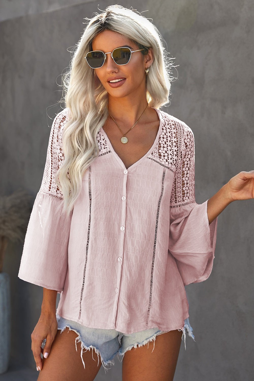 Flare Sleeve Spliced Lace V-Neck Shirt - Shirts - FITGGINS