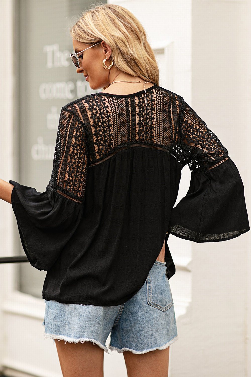 Flare Sleeve Spliced Lace V-Neck Shirt - Shirts - FITGGINS