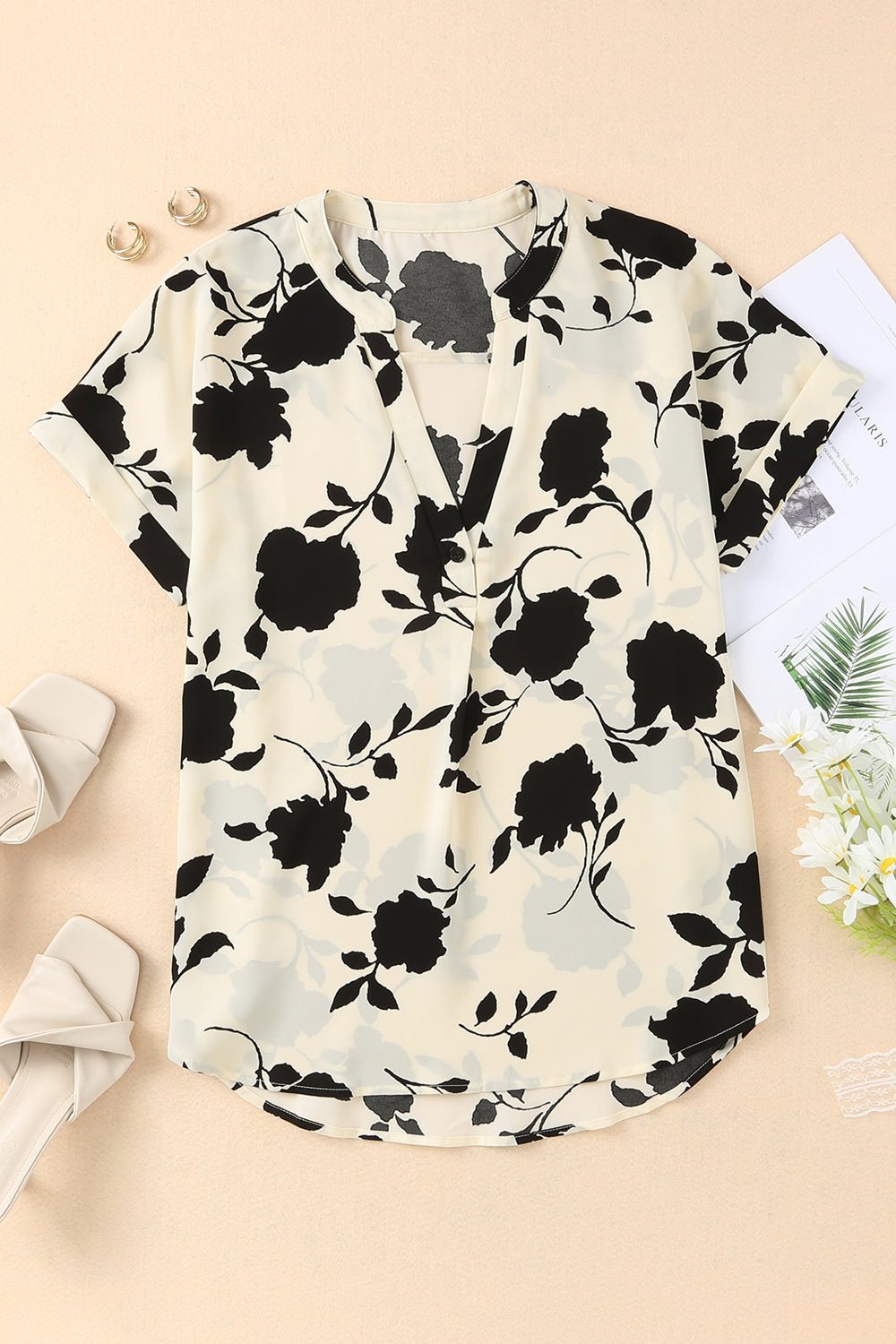Floral Notched Neck Cuffed Short Sleeve Blouse - Shirts - FITGGINS