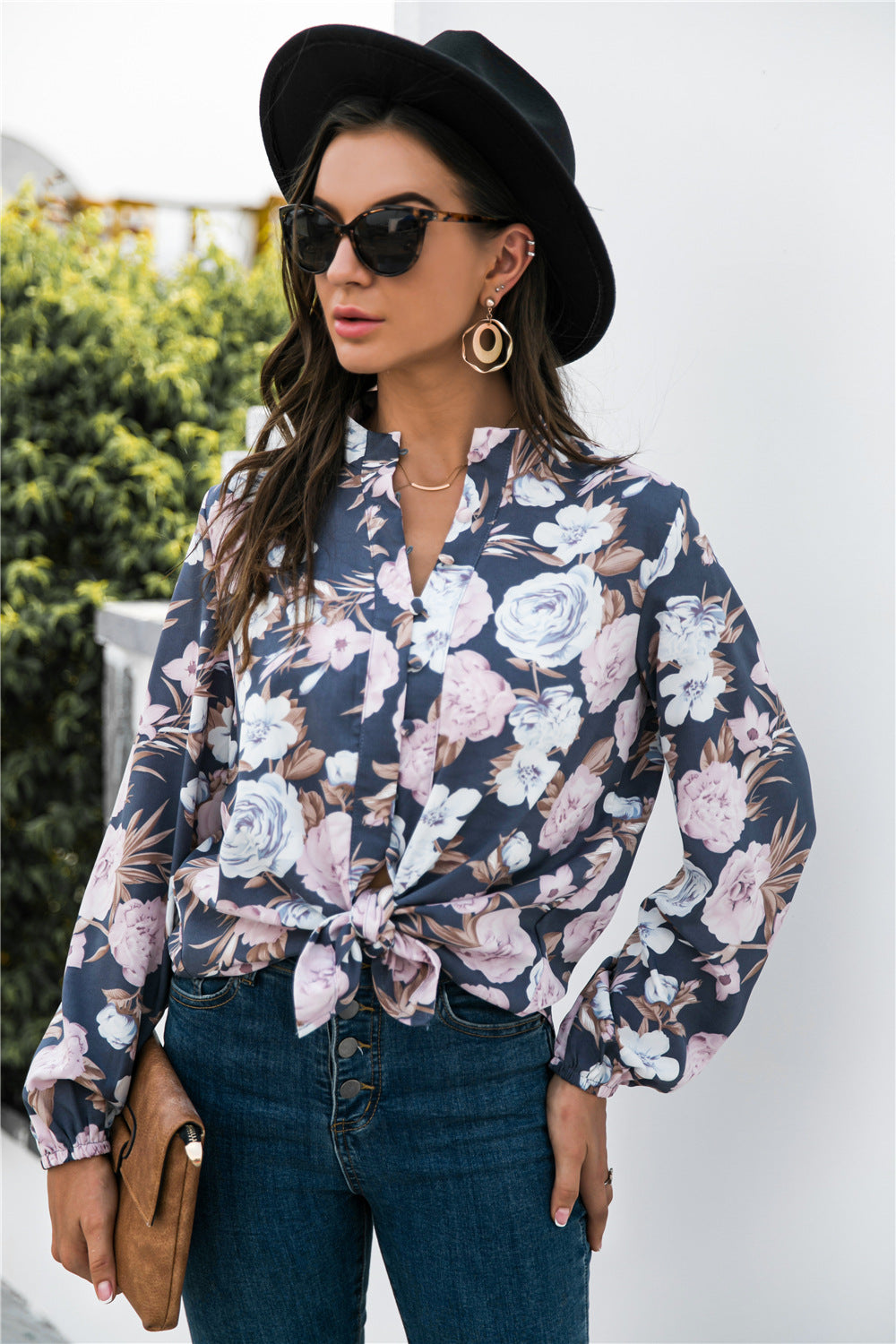 Floral Print Mock Neck Button Front Shirt - Shirts - FITGGINS