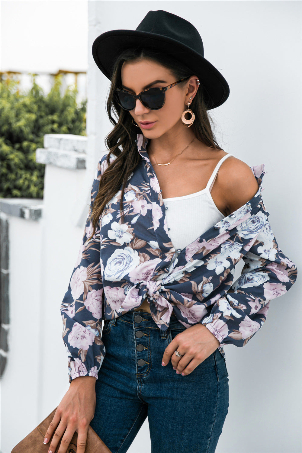 Floral Print Mock Neck Button Front Shirt - Shirts - FITGGINS