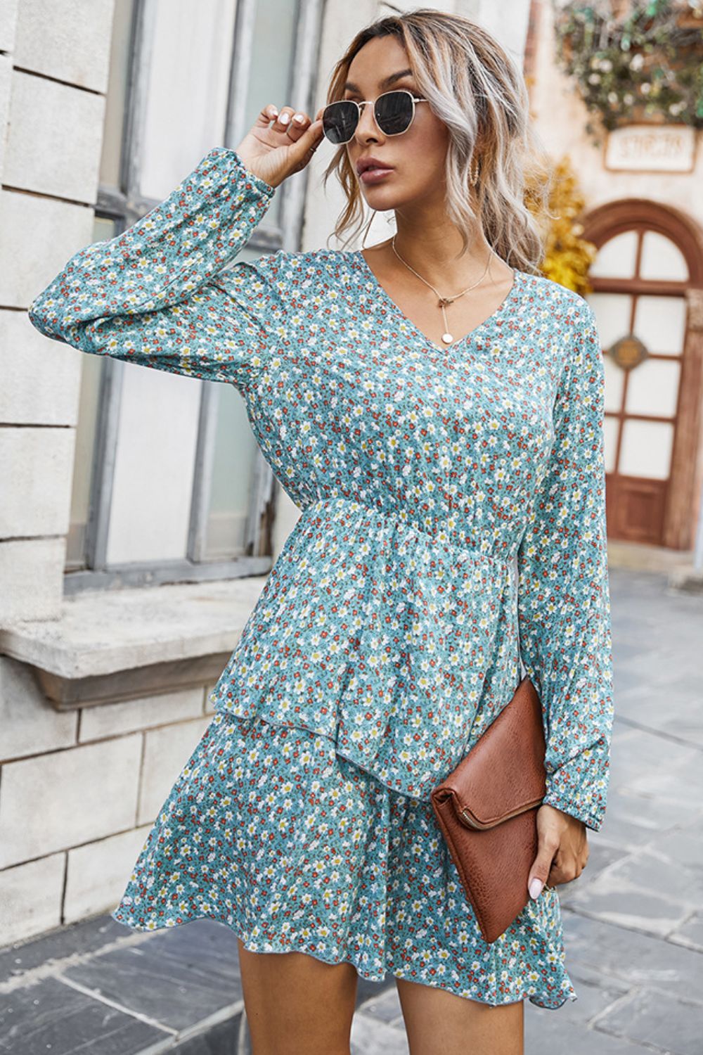 Floral V-Neck Layered Dress - Casual & Maxi Dresses - FITGGINS