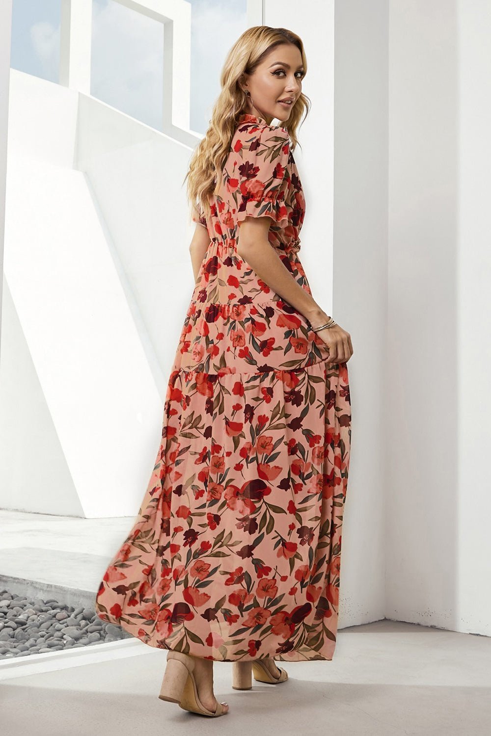 Floral V-Neck Short Flounce Sleeve Dress - Casual & Maxi Dresses - FITGGINS