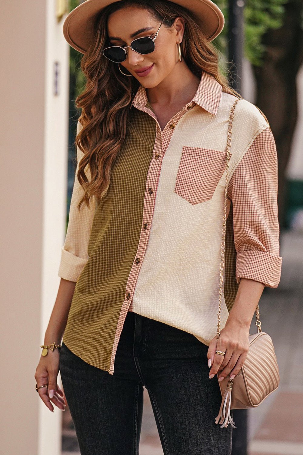 Grid Color Block Button-Up Shirt - Shirts - FITGGINS