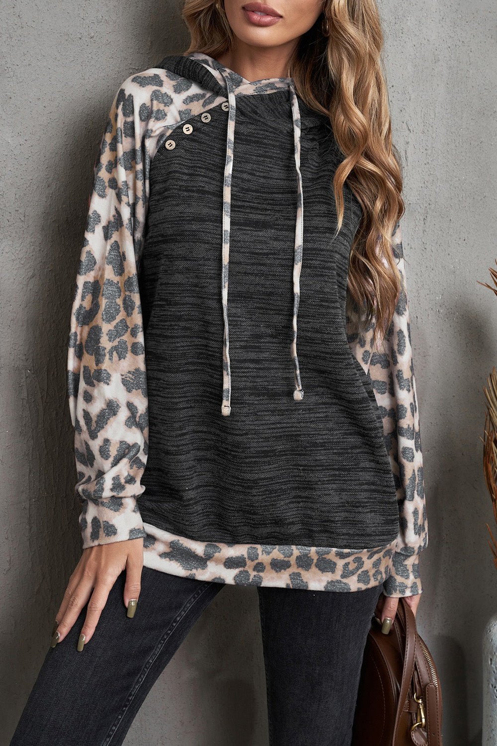 Leopard Color Block Raglan Sleeve Hoodie - Sweatshirts & Hoodies - FITGGINS