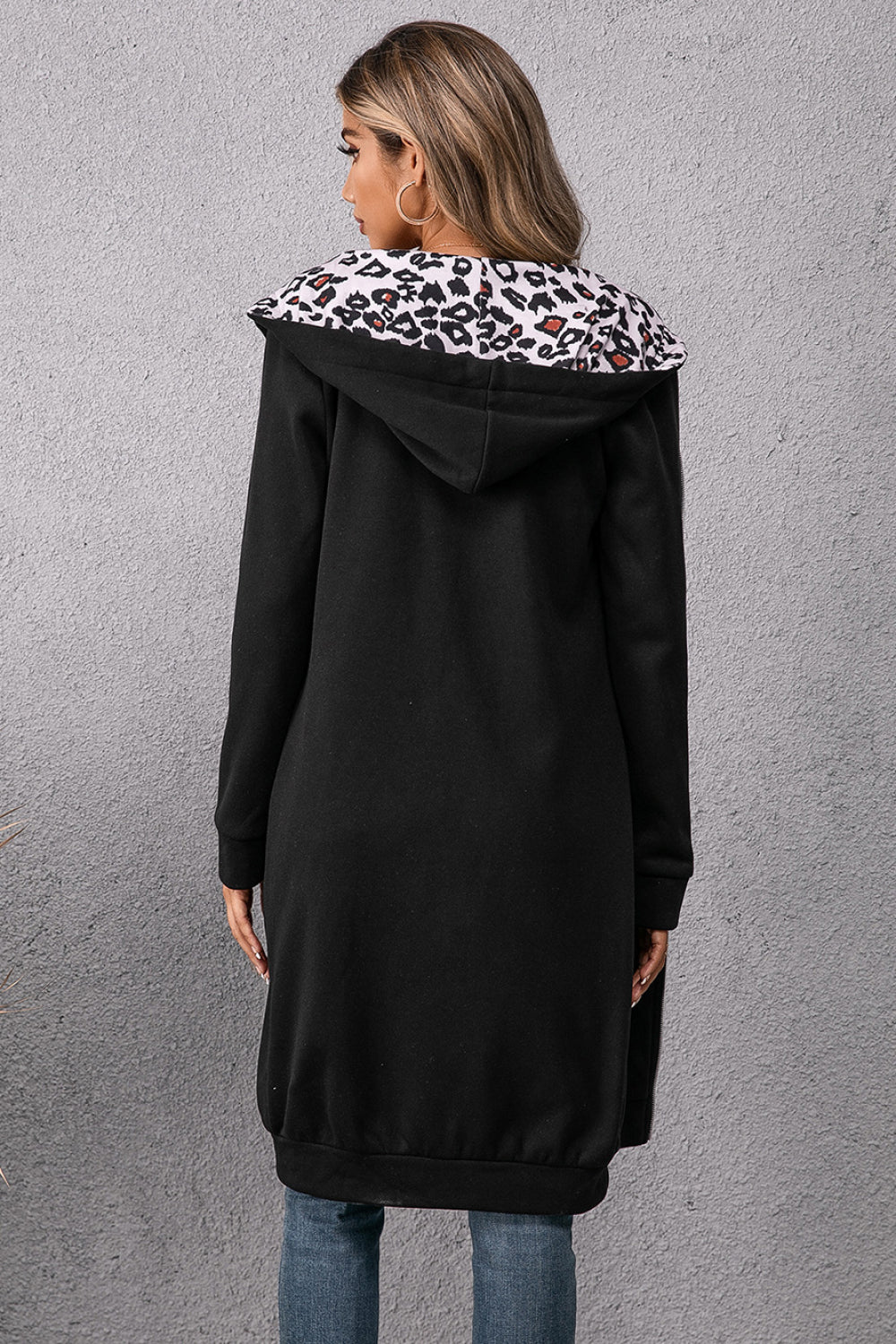 Leopard Spliced Drawstring Zip Up Hoodie Dress Fitggins