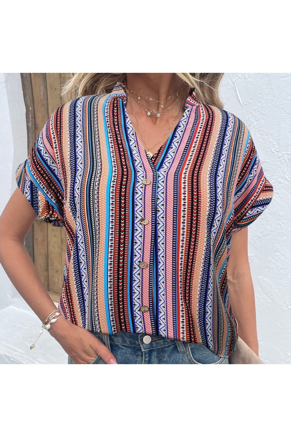 Multicolored Stripe Notched Neck Top - Shirts - FITGGINS