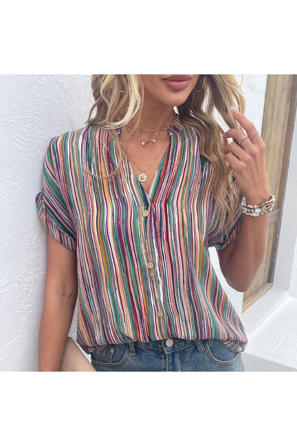 Multicolored Stripe Notched Neck Top - Shirts - FITGGINS