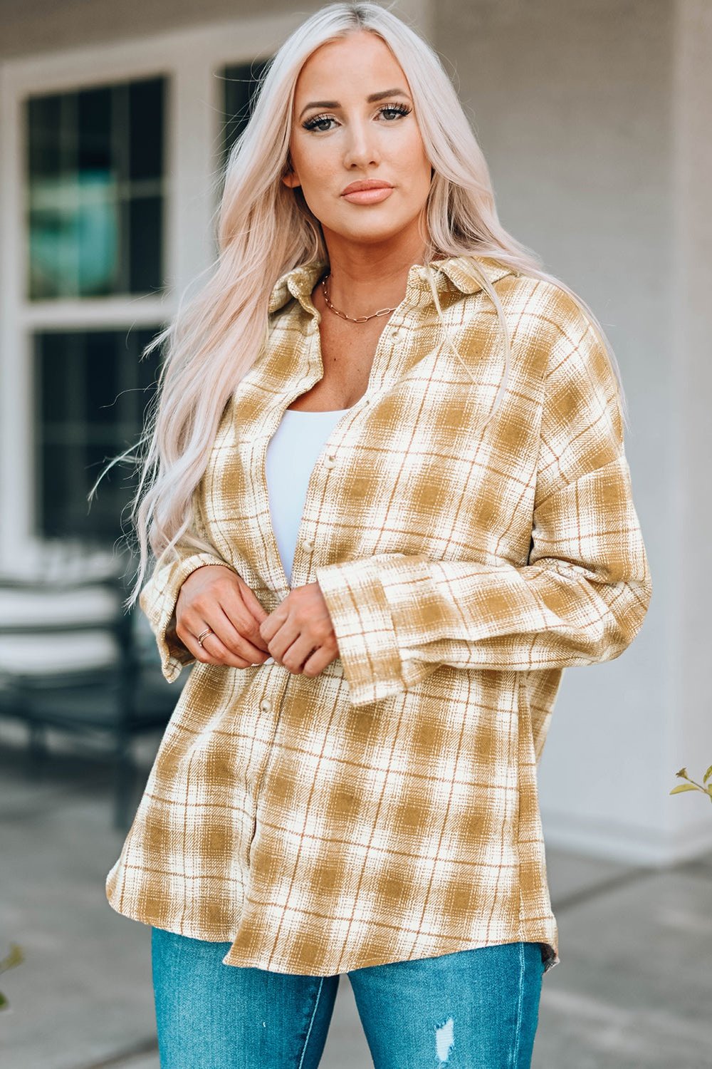 Plaid Button Front Shacket - Shirts - FITGGINS