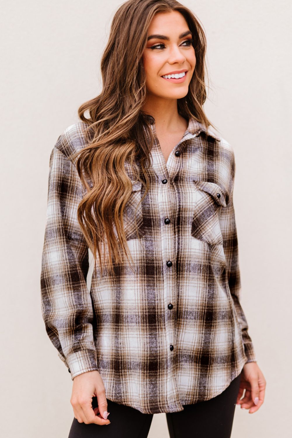 Plaid Button-Up Curved Hem Shirt with Breast Pockets - Shirts - FITGGINS