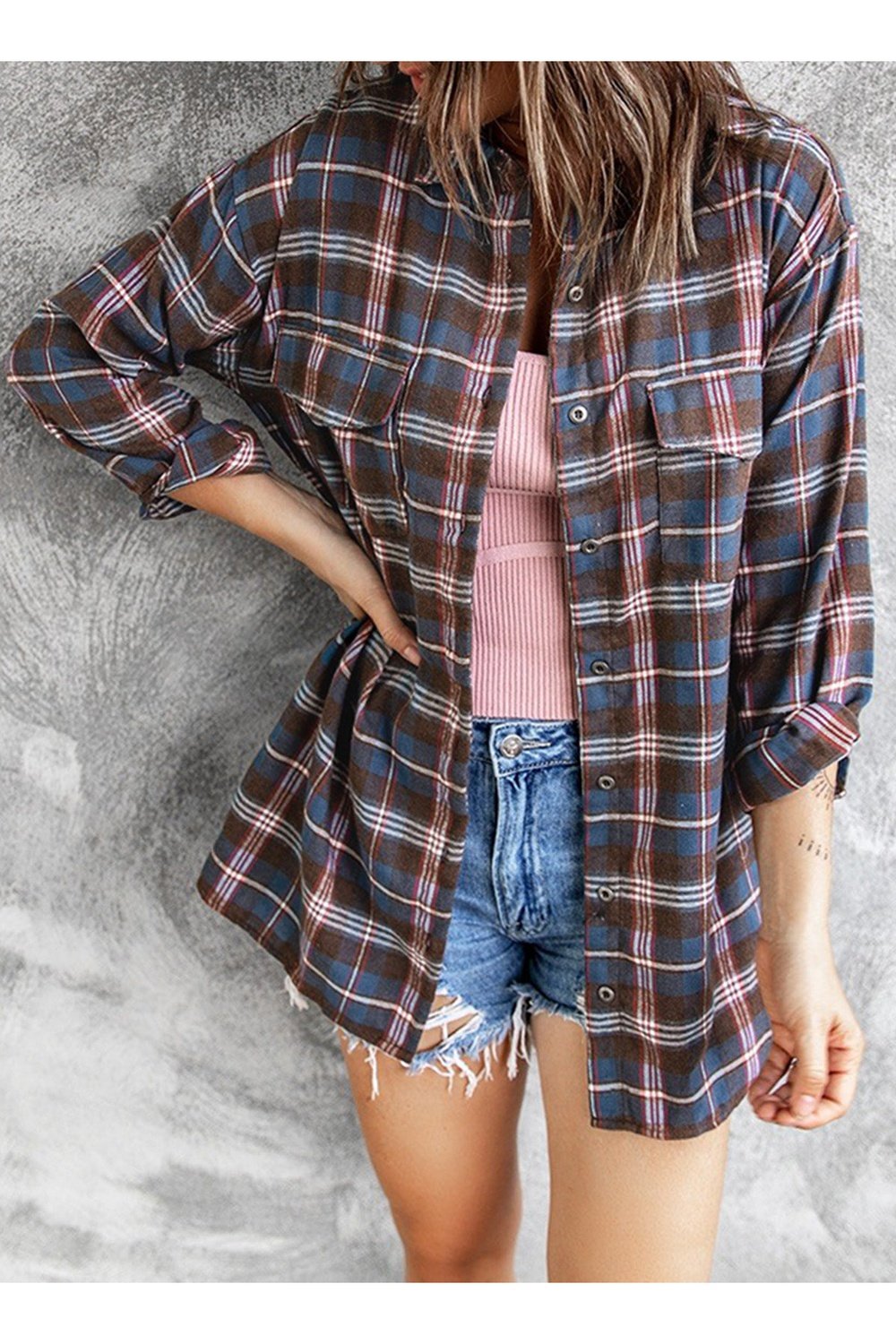 Plaid Slit High-Low Shirt with Pockets - Shirts - FITGGINS