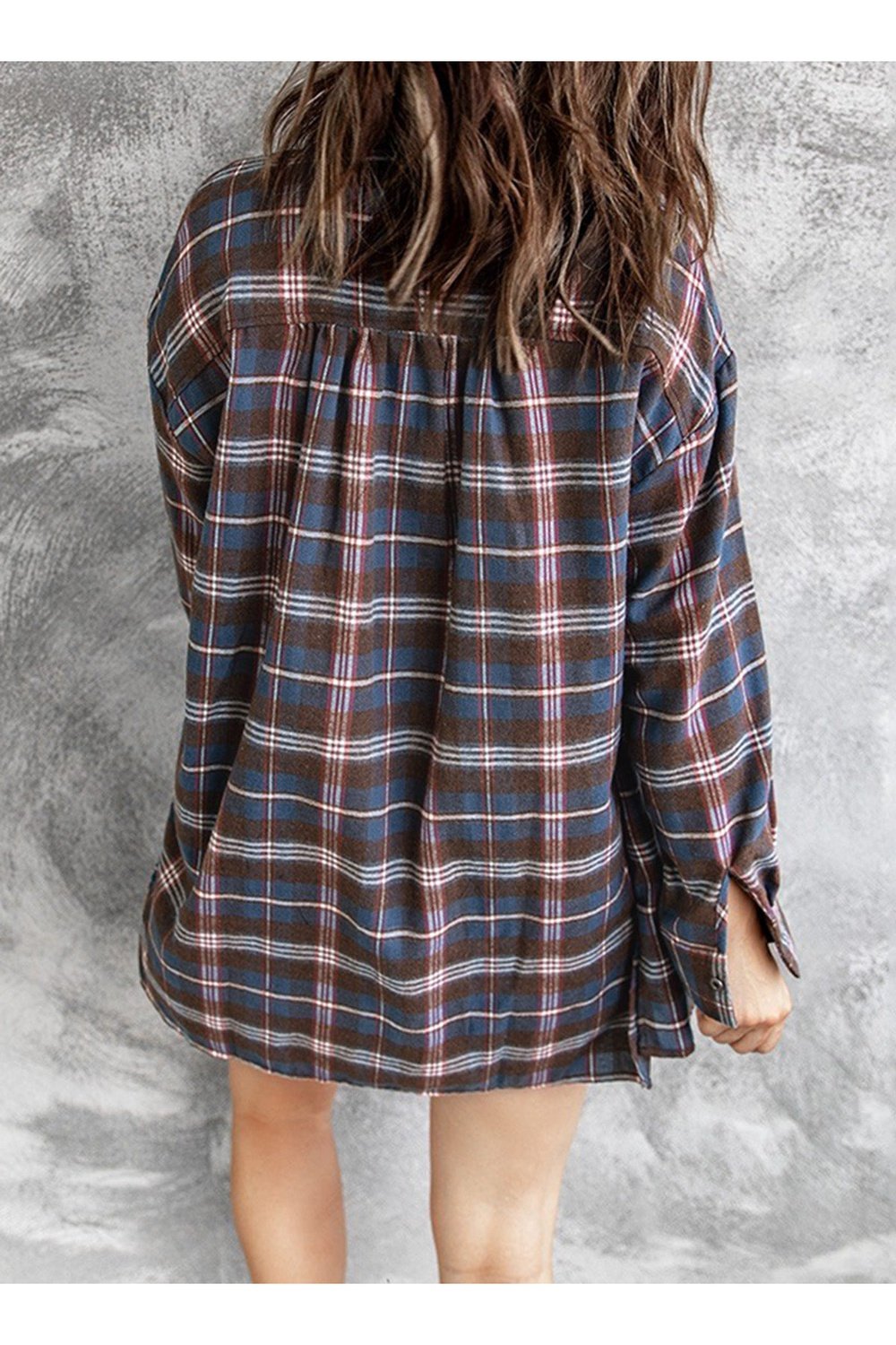 Plaid Slit High-Low Shirt with Pockets - Shirts - FITGGINS