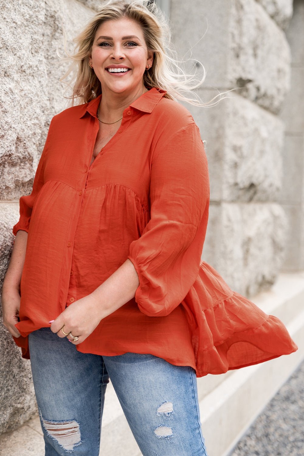 Plus Size Collared Balloon Sleeve Shirt - Shirts - FITGGINS
