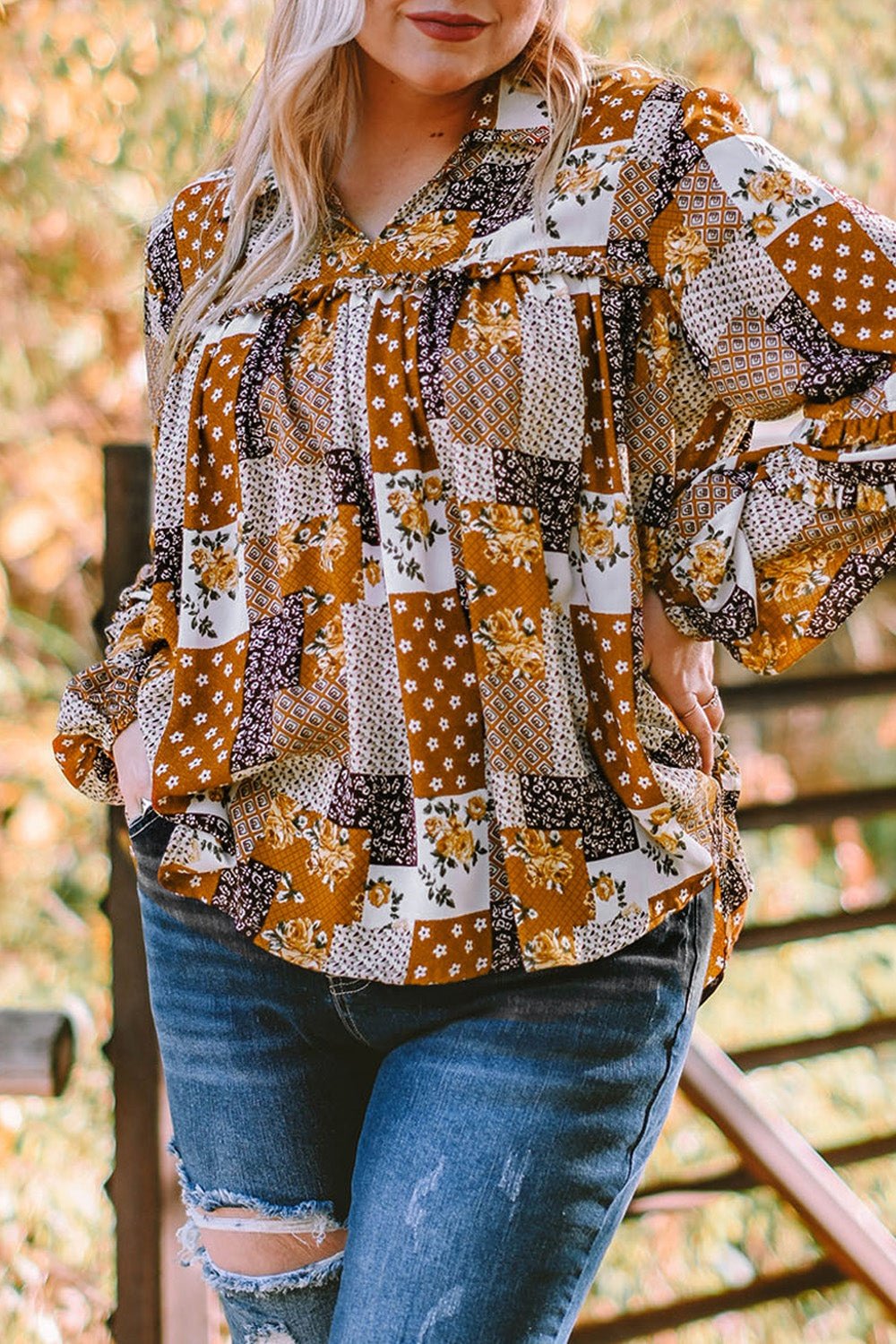 Plus Size Patchwork Balloon Sleeve Blouse - Shirts - FITGGINS