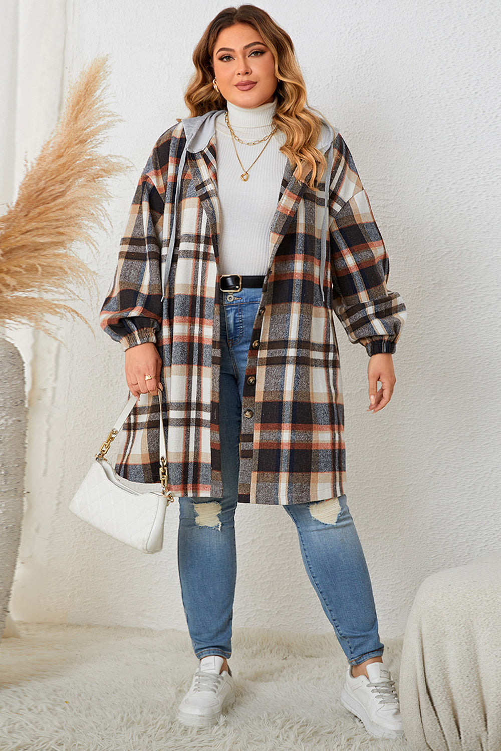 Plus Size Plaid Drop Shoulder Hooded Coat Fitggins