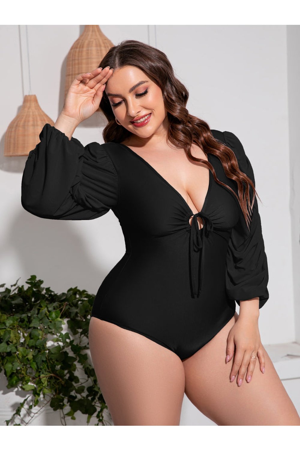 Plus Size Tied Deep V Balloon Sleeve One-Piece Swimsuit - Swimwear One-Pieces - FITGGINS