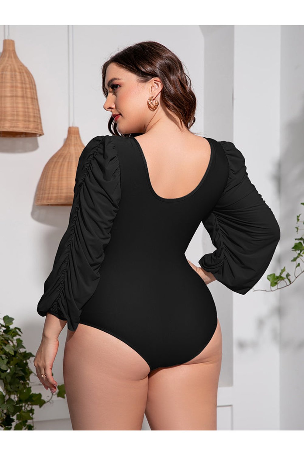 Plus Size Tied Deep V Balloon Sleeve One-Piece Swimsuit - Swimwear One-Pieces - FITGGINS