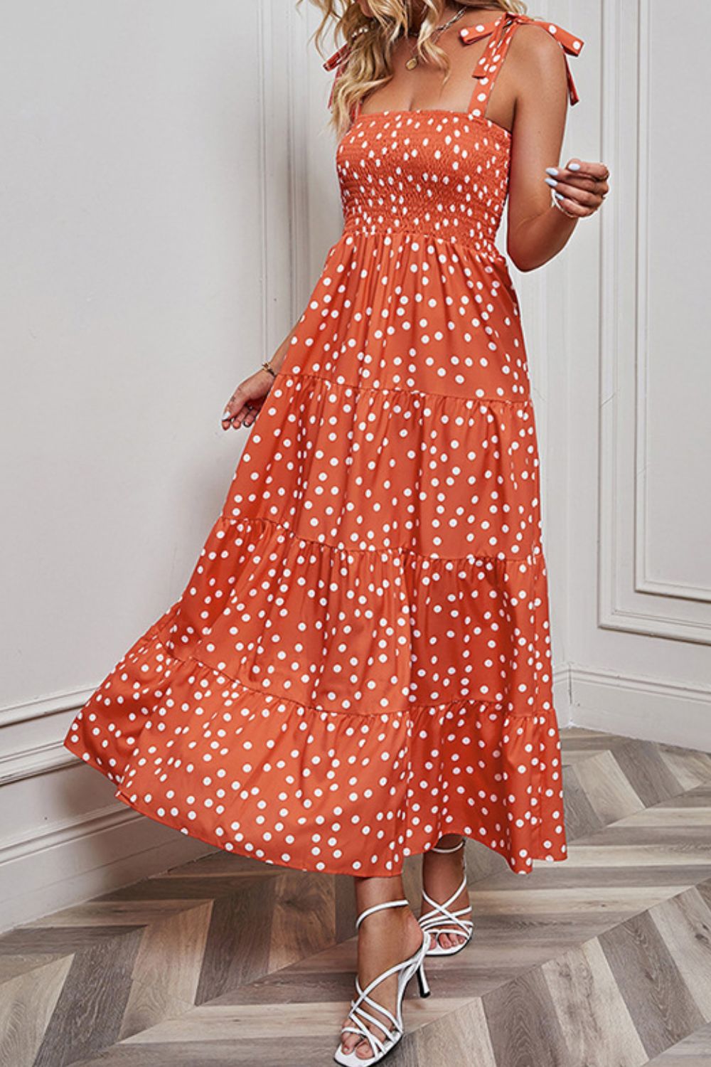 Polka Dot Smocked Tiered Sleeveless Dress - Casual & Maxi Dresses - FITGGINS