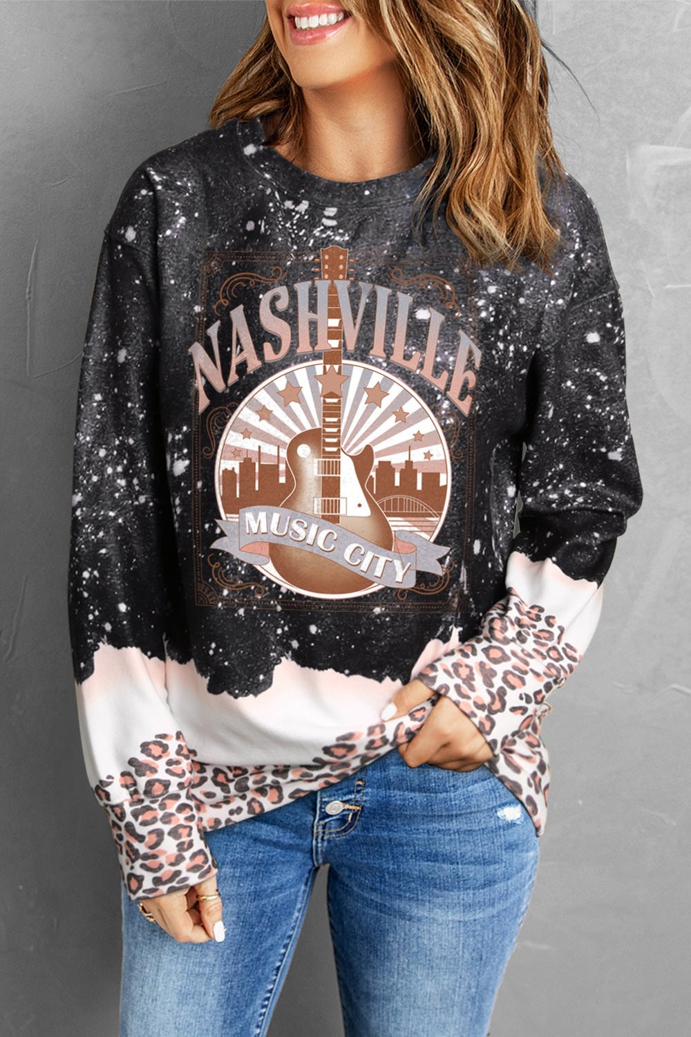 Printed NASHVILLE MUSIC CITY Graphic Sweatshirt - Sweatshirts & Hoodies - FITGGINS