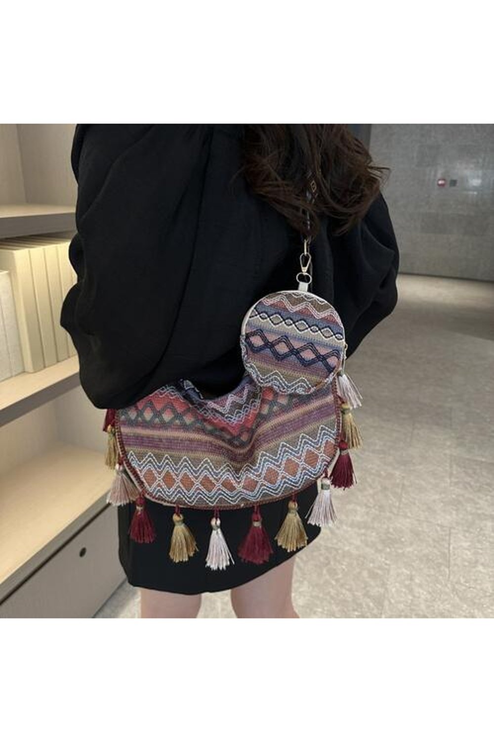 Printed Tassel Detail Crossbody Bag with Small Purse - Handbag - FITGGINS