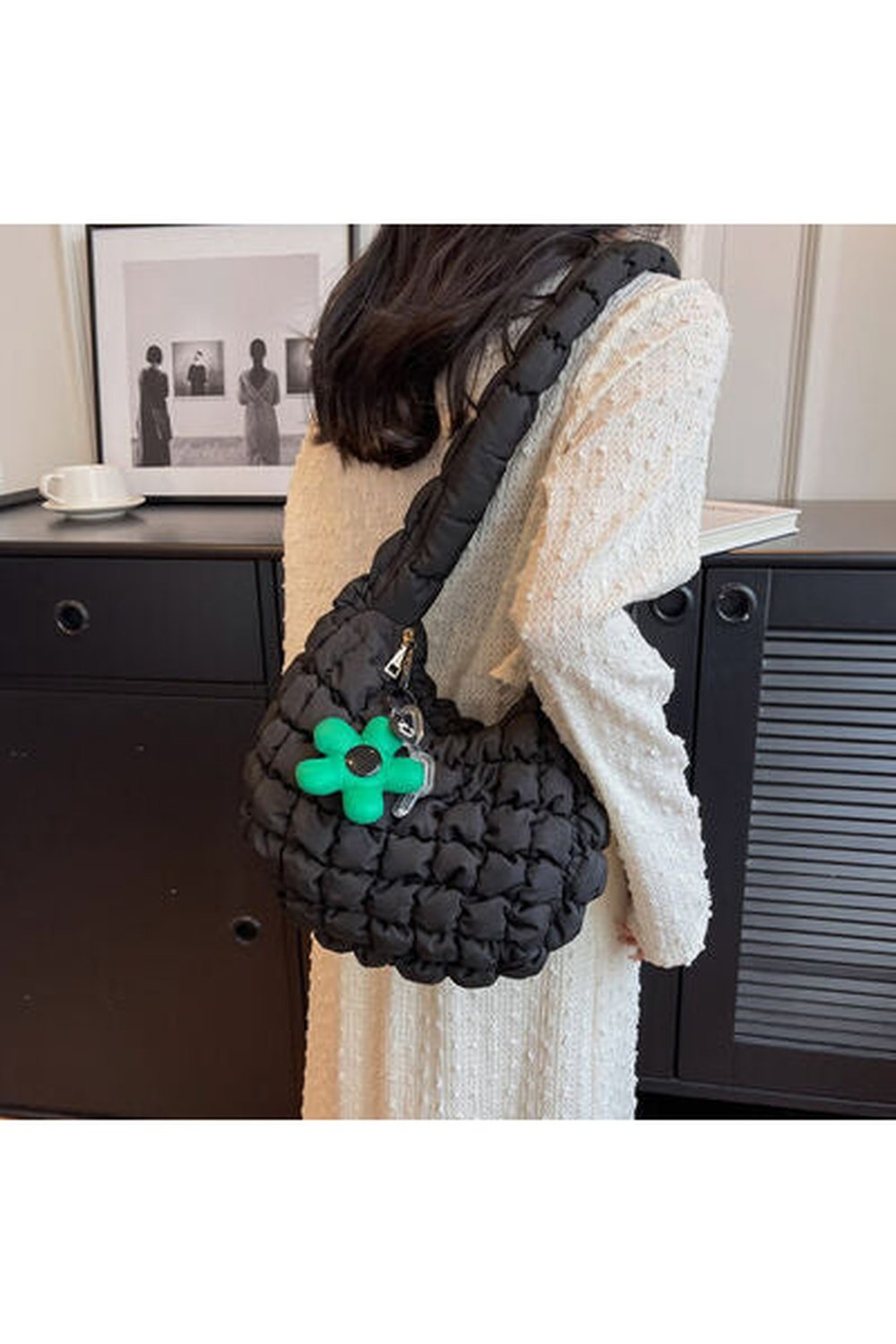 Quilted Shoulder Bag with Flower Pendant - Handbag - FITGGINS