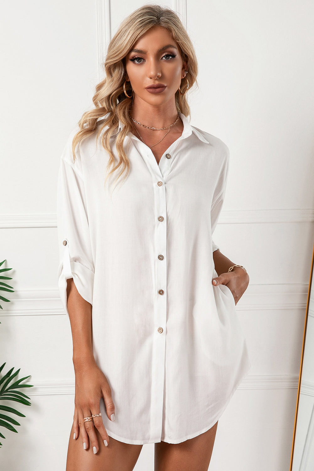 Solid Button Up Drop Shoulder Blouse - Shirts - FITGGINS