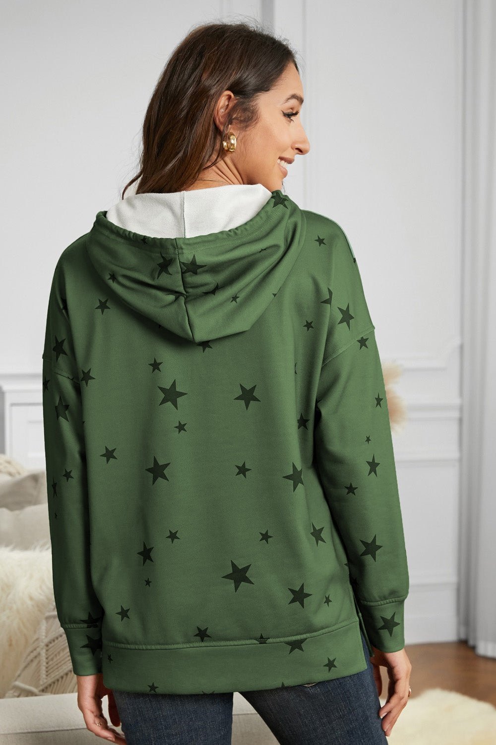 Star Print Drawstring Detail Hoodie - Sweatshirts & Hoodies - FITGGINS