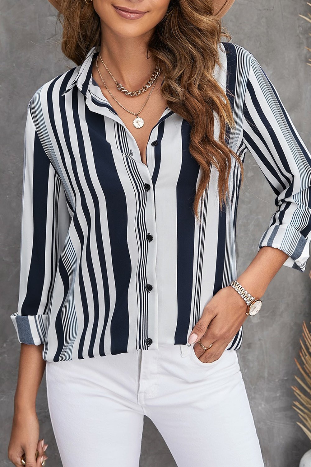 Striped Button-Down Long Sleeve Shirt - Shirts - FITGGINS