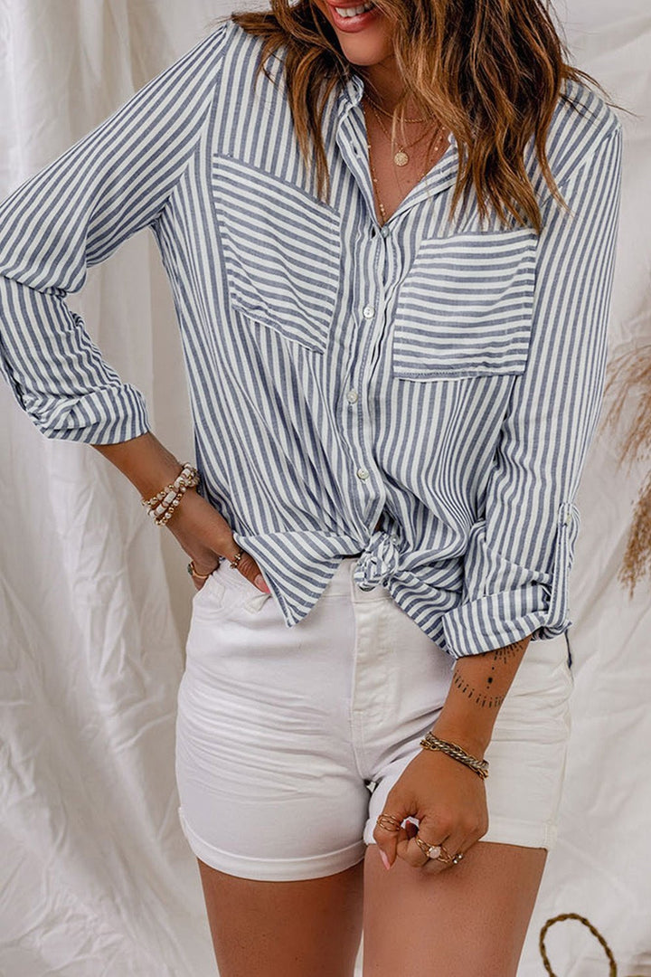 Striped Button-Up Roll-Tab Sleeve Shirt - Shirts - FITGGINS