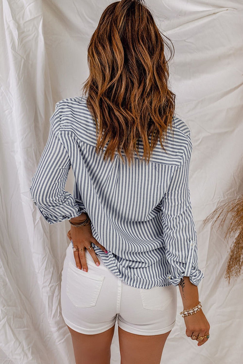 Striped Button-Up Roll-Tab Sleeve Shirt - Shirts - FITGGINS