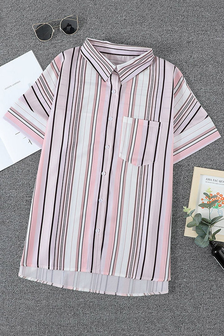 Striped Collared Neck Button-down Pocketed Top - Shirts - FITGGINS