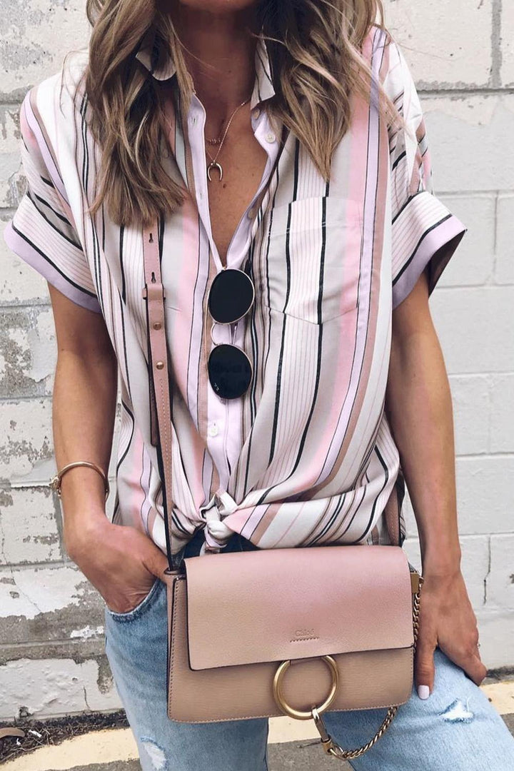 Striped Collared Neck Button-down Pocketed Top - Shirts - FITGGINS