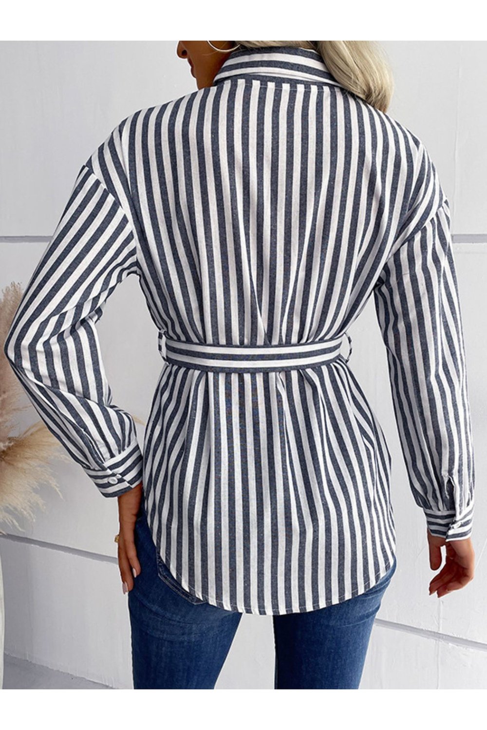 Striped Curved Hem Belted Shirt - Shirts - FITGGINS