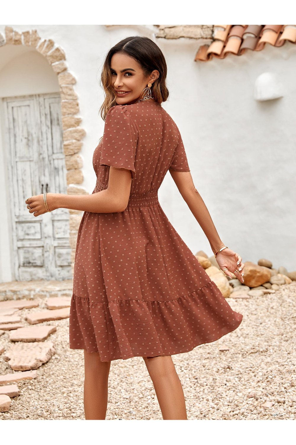 Swiss Dot V-Neck Openwork Puff Sleeve Dress - Casual & Maxi Dresses - FITGGINS