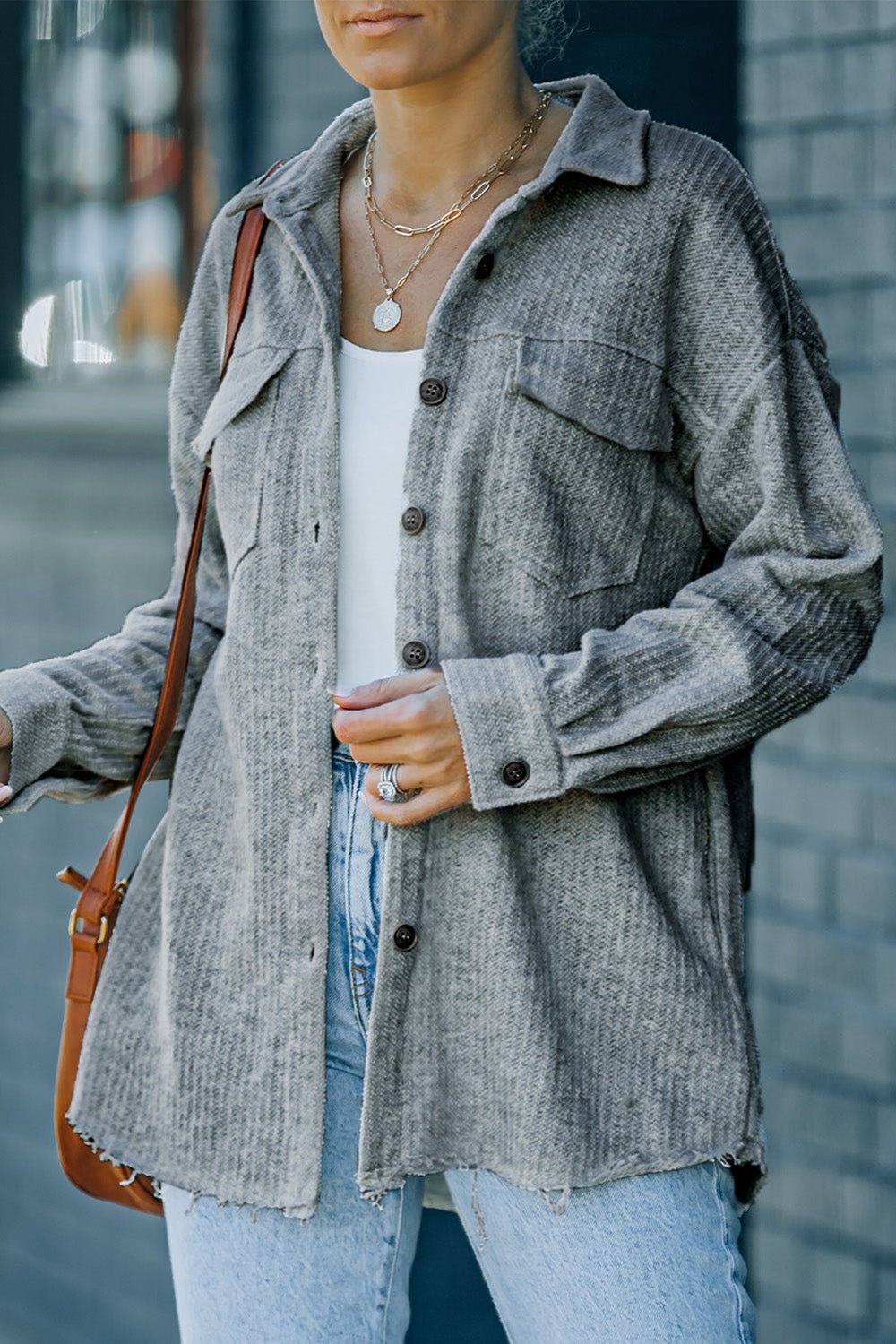 Textured Button Down Shirt Jacket with Pockets - Shirts - FITGGINS