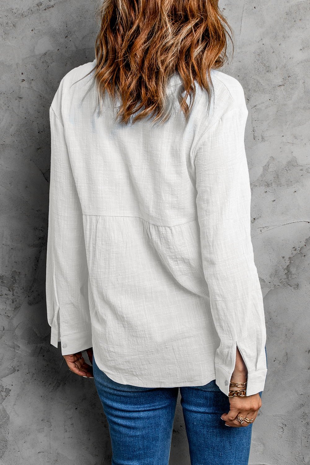 Textured Button Front Curved Hem Shirt - Shirts - FITGGINS