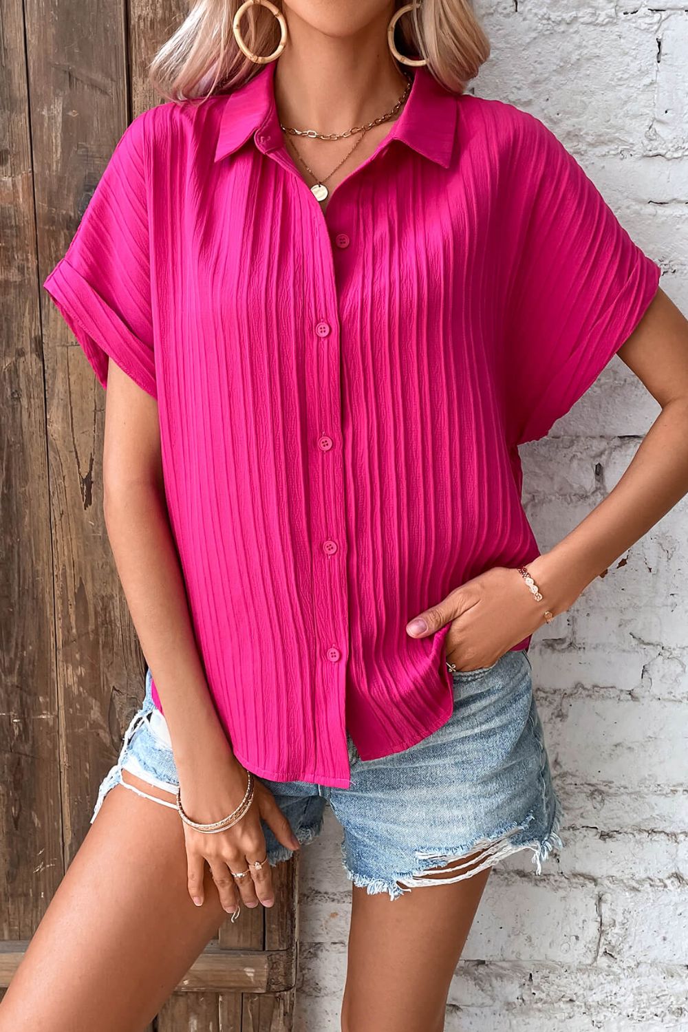 Textured Button-Up Cuffed Dolman Sleeve Shirt - Shirts - FITGGINS