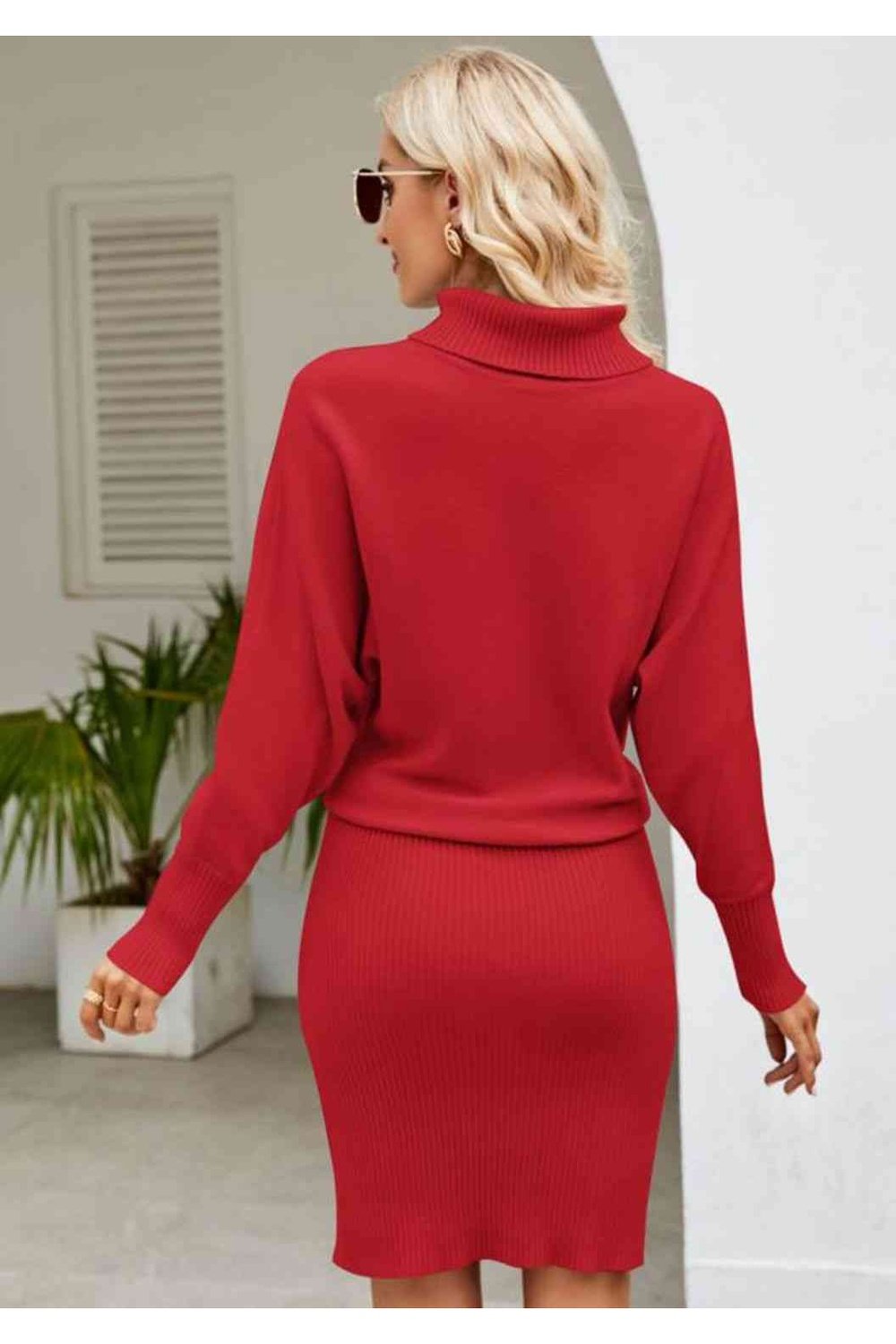 Turtle Neck Long Sleeve Ribbed Sweater Dress - Sweater Dresses - FITGGINS